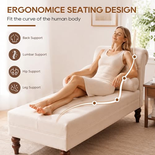 Chaise Lounge Chair Indoor with Right Armrest, Velvet, White, view 5