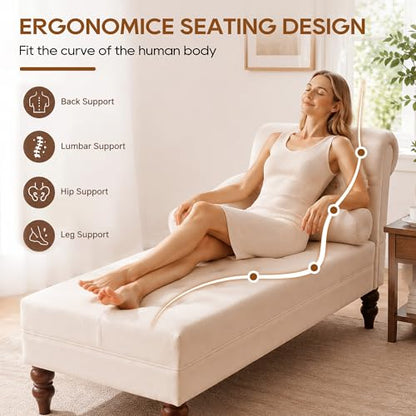 Chaise Lounge Chair Indoor with Right Armrest, Velvet, White, view 5