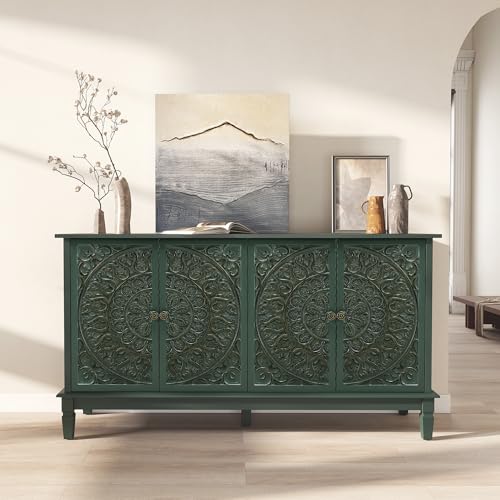 59" Solid Wood Buffet Cabinet, Accent Cabinet, 4 Carved Doors, view 9