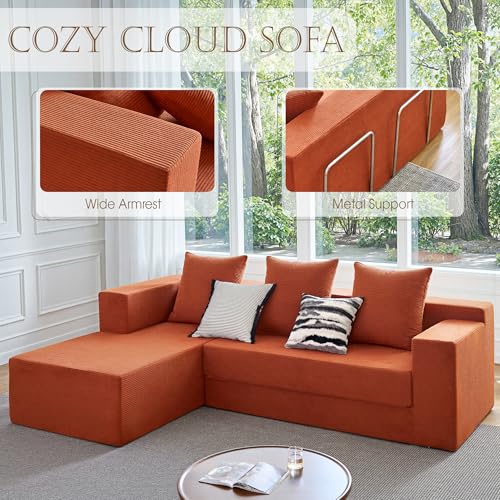 106" Modular Sectional Sofa, Modern Cloud Couch with L-Shape Chaise, Upholstered Boneless Couches with Deep Seat, Comfy Corduroy Sofa for Living Room Bedroom, No Assembly (Orange)