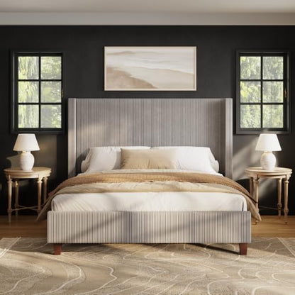 Queen Size Bed Frame with 50.8 Inch Corduroy Wingback Headboard, Taupe, view 4