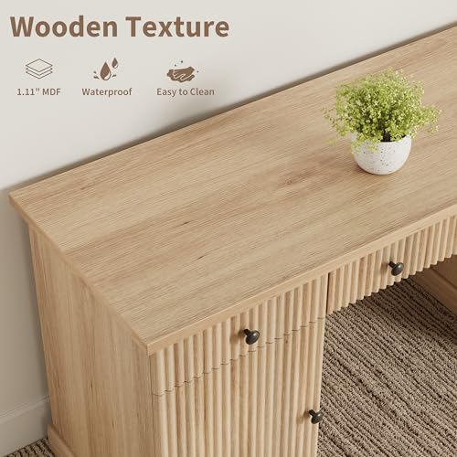 60" Office Desk with Storage & Drawers. Fluted Wood Computer Desk with Power Outlet & Adjustable Shelves.Modern Executive Desk for Home Office/Bedroom/Gaming-Burlywood