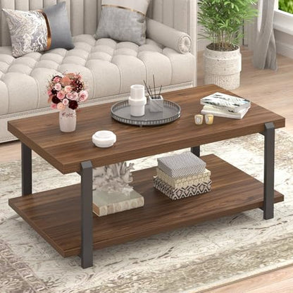 Modern Coffee Table with Storage Shelf, Rustic Wood Center Table for Living Room, Walnut