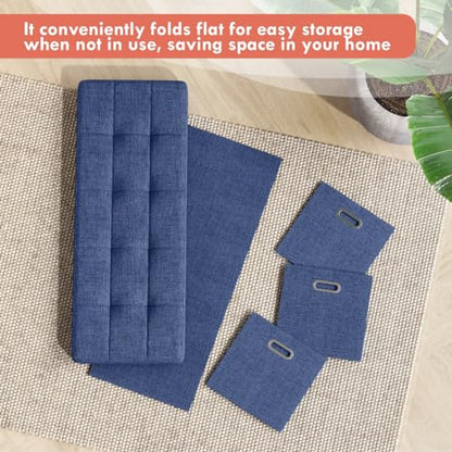 40 Inch Storage Ottoman with 3 Drawers, Tufted Linen, Navy Blue | Foldable Large Bench Design; Foot Rest Stool Seat; Ideal for Living Room, Bedroom or Entryway