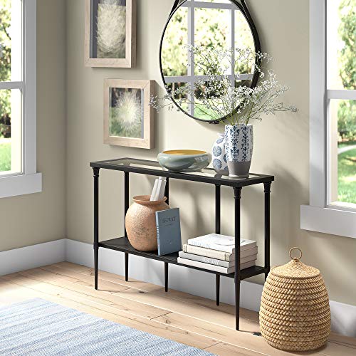 Dafna 45'' Wide Rectangular Console Table in Blackened Bronze | Two-tier design with glass top adds stylish storage and display space to entryways, hallways, living rooms, or behind sofas