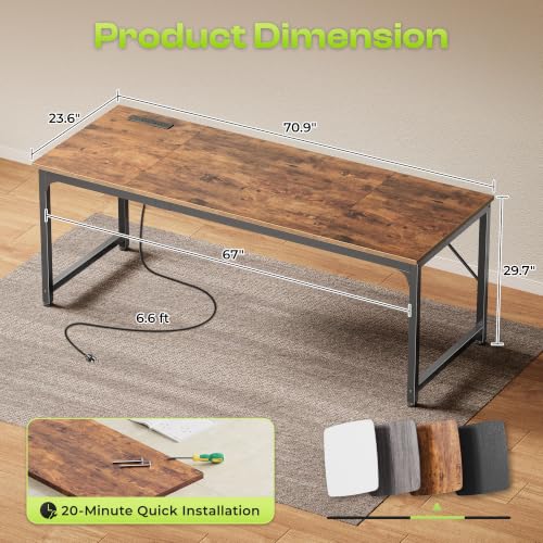 70x24 Inch Computer Desk with Power Outlets & USB-C, Rustic Brown, view 4
