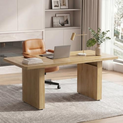 63 Inch Wood Executive Desk, Fluted Office Desk Natural Oak, view 2