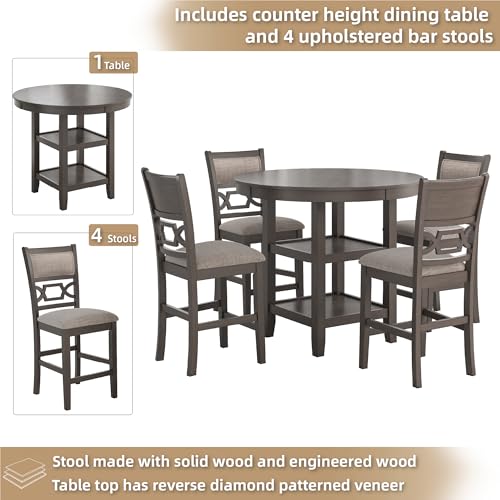 Signature Design by Ashley 5-Piece Round Counter Height Dining Table Set, Wrenning Collection, with 4 Upholstered Bar Stools, Wood and Mindi Veneer, 2 Storage Shelves for Dining Rooms, Light Gray
