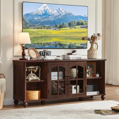 Farmhouse TV Stand for 60 Inch TV, Wood Entertainment Center with Adjustable Shelves & Glass Door Storage Cabinet,Television Stands for 65" TVS,TV Console Table for Living Room,Bedroom,Walnut