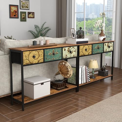 Entryway Console Table with 3 Retro Flowers Fabric Drawers Boho Narrow Long Behind Couch Sofa Table with Bottom Open Storage Shelf for Hallway Living Room Foyer (Retro Flower, 3 Drawers)