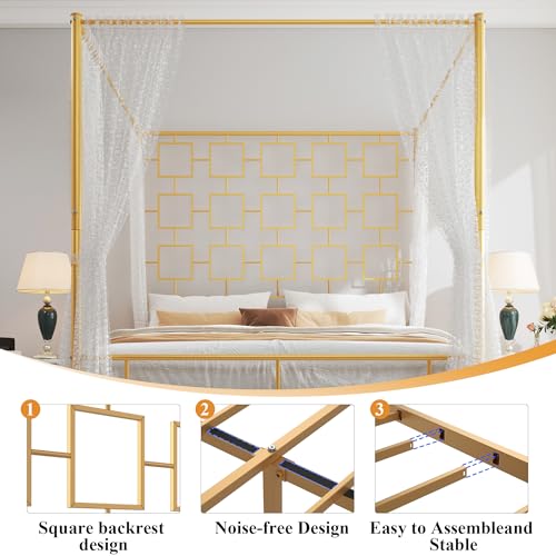 King Canopy Bed Frame, Gold Metal Bed, No Box Spring Needed, view 5