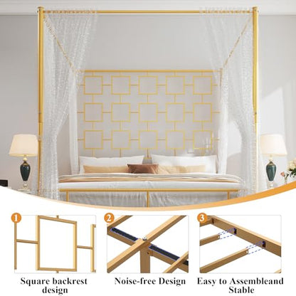 King Canopy Bed Frame, Gold Metal Bed, No Box Spring Needed, view 5