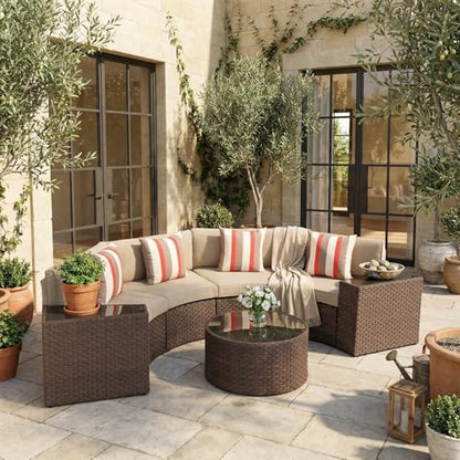Outdoor 7-Piece Half-Moon Sectional Furniture Set with Round Coffee Table, Patio Curved Sofa Set, Beige Cushion and Brown Wicker, Incl. Waterproof Cover