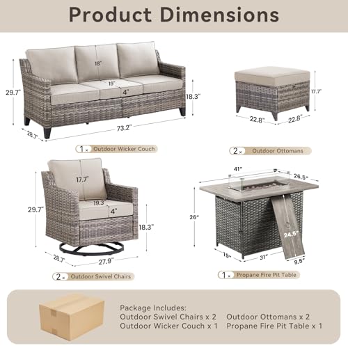 Patio Furniture Set with 42.5" Fire Pit Table-6 Pieces All Weather Wicker Outdoor Furniture with High Back Swivel Patio Chairs Set of 2 Outdoor Couch for Deck Backyard Beige/Gray