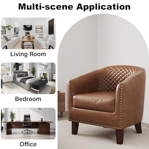 Accent Barrel Chair, Upholstered Faux Leather Club Chair with Nailed Trim, Comfy Reading Armchair for Living Room Bedroom Reception Room Office (Brown, Set of 4)