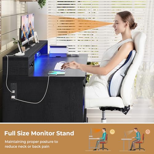 59.1" Executive Desk with File Drawer, Home Office Desk with Charging Station & LED Lights, Computer Desk with Drawers & Storage Cabinet, Executive Office Desk with Monitor Stand, Black
