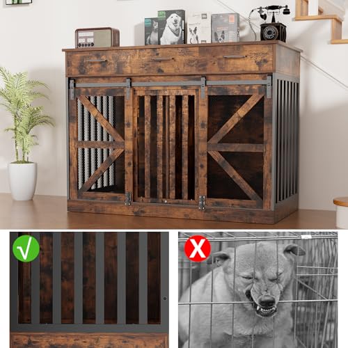 48 Inch Large Dog Crate Furniture with 3 Storage Drawers, Wooden Pet Kennel with Removable Divider, Dog Kennel End Table TV Stand, Farmhouse Style Dog Crates with Sliding Barn Door (Brown)