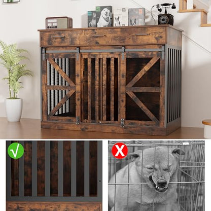 48 Inch Large Dog Crate Furniture with 3 Storage Drawers, Wooden Pet Kennel with Removable Divider, Dog Kennel End Table TV Stand, Farmhouse Style Dog Crates with Sliding Barn Door (Brown)