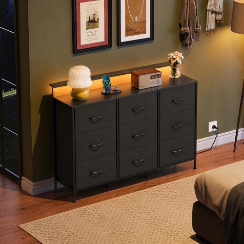 Dresser TV Stand with LED Lights & Outlets, 9 Fabric Drawers, Black, view 4