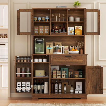 Tall Kitchen Pantry Storage Cabinet, Modern Pantry Cabinet with Hutch and Microwave Stand, Modern Kitchen Coffee Bar Hutch with Shelves for Dining Room, Brown