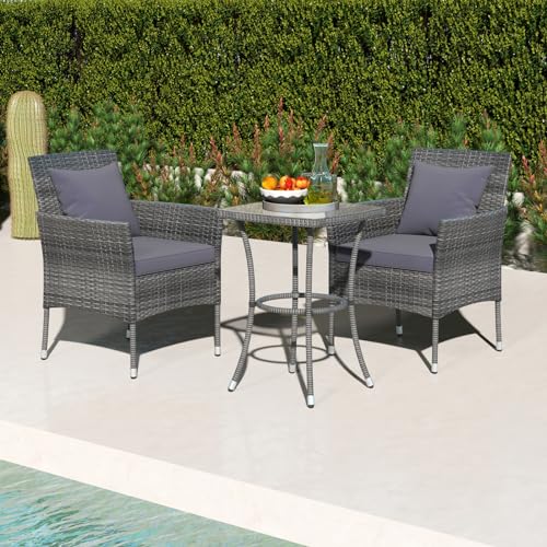 3-Piece Patio Furniture Set, PE Wicker Conversation Bistro Set w/A Tempered Glass Table & 2 Cushioned Chairs, Outdoor Table & Chairs Set for Patio Porch Yard Garden (Mix Gray+Grey)