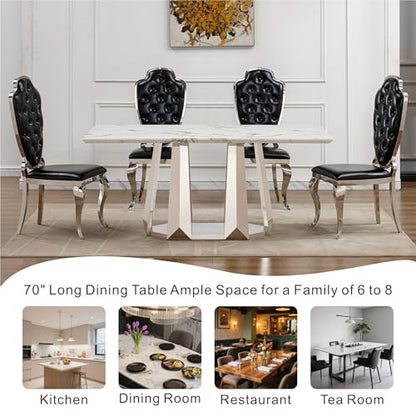 Marble Dining Table for 6 People, 70'' Rectangle Faux Marble Dining Table with Mirrored Stainless Steel Base, Large Size Marble Kitchen Table (Silver,White)(only Table)