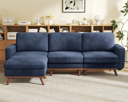 97" Modular Sectional Sofa Dark Blue, L-Shaped Couch with Movable Ottoman, Comfy Corduroy Couch with Spring Cushion, Modular Sofa with Deep Seat for Living Room, Bedroom and Apartment