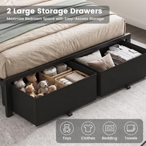 Queen Size Bed Frame with Upholstered Headboard and 2 Storage Drawers, view 6