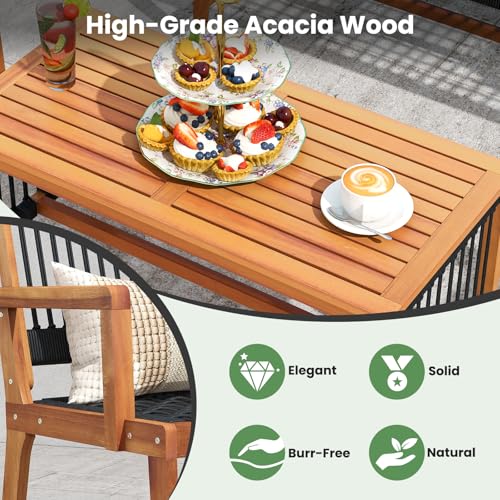 4 Pieces Patio Furniture Set Acacia Wood Conversation Set with Hand-Woven Rope Design, Ergonomic Loveseat & Single Chairs, Wooden Chair & Table Set for Porch Yard Poolside