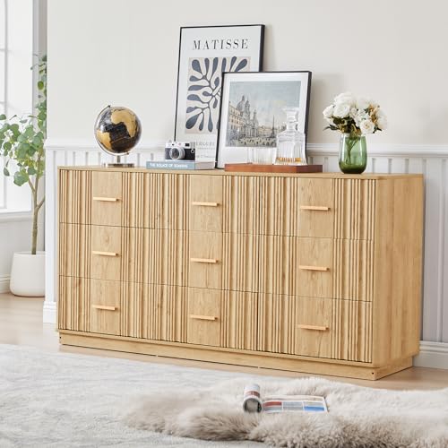Fluted 9 Drawer Dresser,59"Wide Modern Chest of Drawers with Sturdy Base,Wood Closet Organizers,TV Stand,Storage Dresser with 9 Deep Drawers for Bedroom Living Room Hallway Entryway Nursery(Natural)