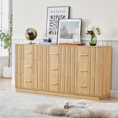 Fluted 9 Drawer Dresser,59"Wide Modern Chest of Drawers with Sturdy Base,Wood Closet Organizers,TV Stand,Storage Dresser with 9 Deep Drawers for Bedroom Living Room Hallway Entryway Nursery(Natural)