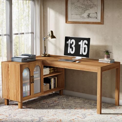 Tribesigns L-Shaped Desk with File Cabinet, 59-Inch Executive Office Desk with Storage Shelves, Wooden Study Writing Desk Farmhouse Corner Computer Desk for Home Office, Rustic Brown