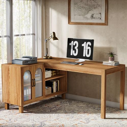 Tribesigns L-Shaped Desk with File Cabinet, 59-Inch Executive Office Desk with Storage Shelves, Wooden Study Writing Desk Farmhouse Corner Computer Desk for Home Office, Rustic Brown