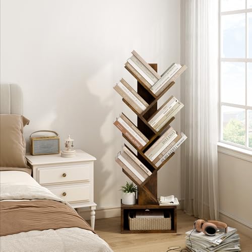 6 Tier Tree Bookshelf, Tall Bookcase with Drawer, Freestanding Book Shelf, Display Floor Standing Storage Shelf, Book Organizer Shelves for Home Office, Rustic Brown