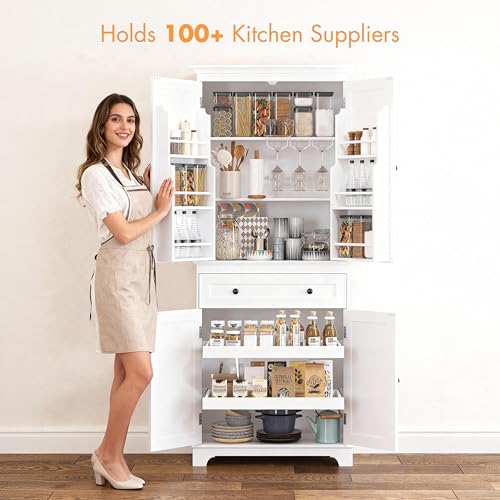 71'' Tall Kitchen Pantry Cabinet, Wood Food Pantry Cabinet with Drawers and Wine Glass Rack, Freestanding Storage Cabinet for Kitchen, Living Room, Dining Room, White