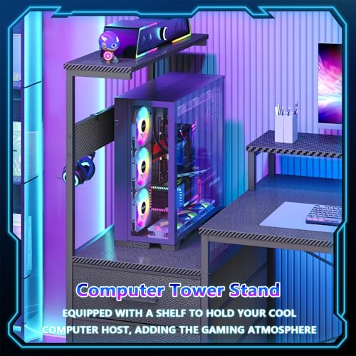 L Shaped Gaming Desk with Drawers & Storage Shelves, Corner Gaming Desk with Power Outlets & LED Light, Reversible Computer Desk with Monitor Stand & Hooks, Carbon Fiber Black