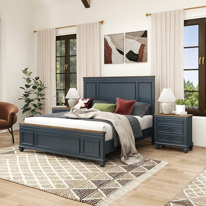 Riverton Wood 3-Piece Bedroom Set, Shiplap Panel King Bed with 2 Nightstands in Slate Blue