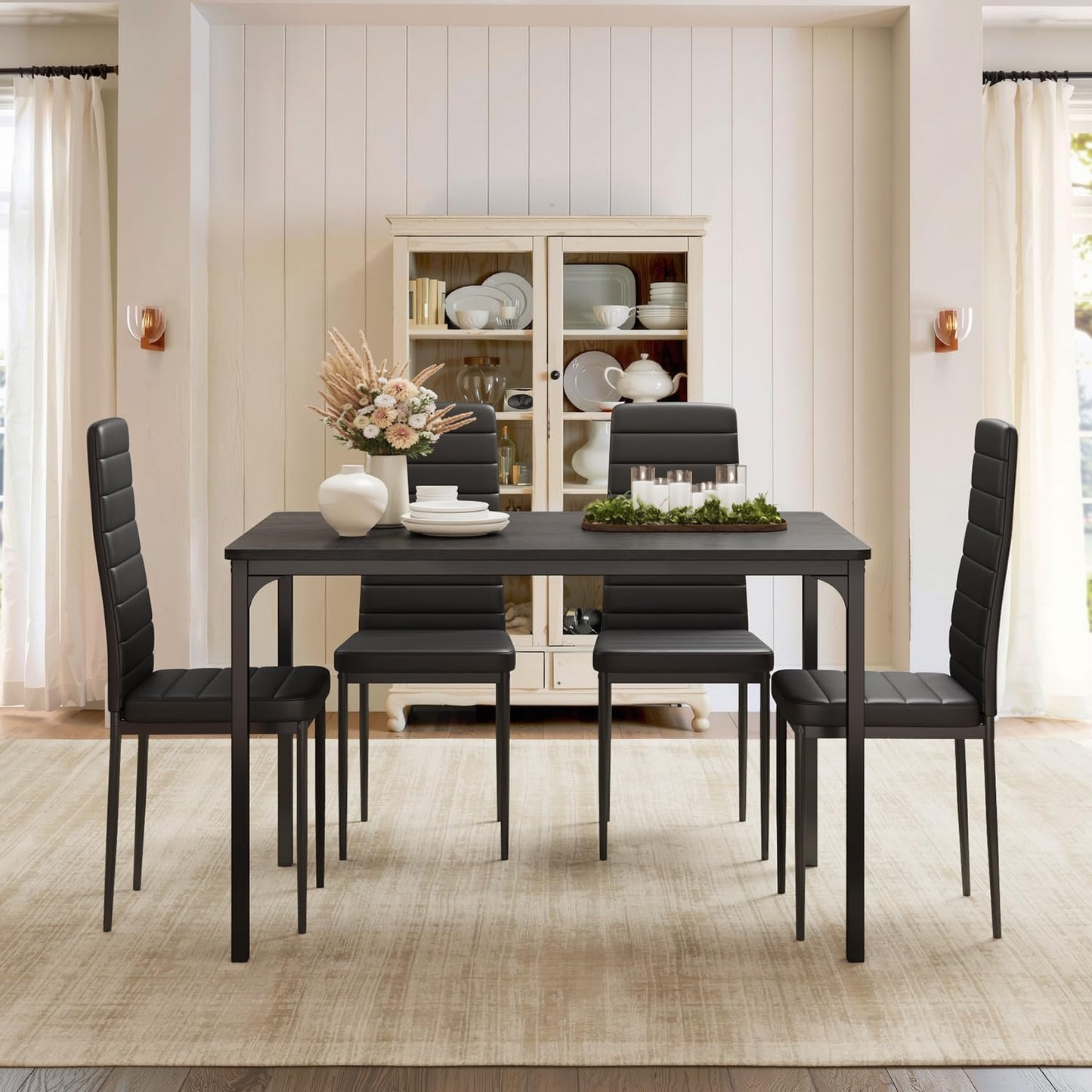 Dining Table Set for 4, Kitchen Table Chairs Set of 4, 5 Piece Kitchen Table Set with 4 Upholstered PU Leather Chairs for Dining Room, Living Room, Apartment, Small Space, Black