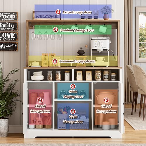 58" Farmhouse Coffee Bar Cabinet with Storage & Power Outlets, White, view 6