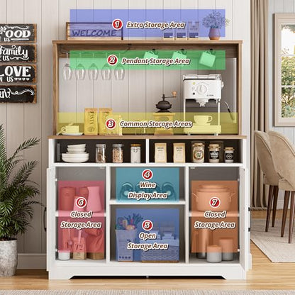 58" Farmhouse Coffee Bar Cabinet with Storage & Power Outlets, White, view 6