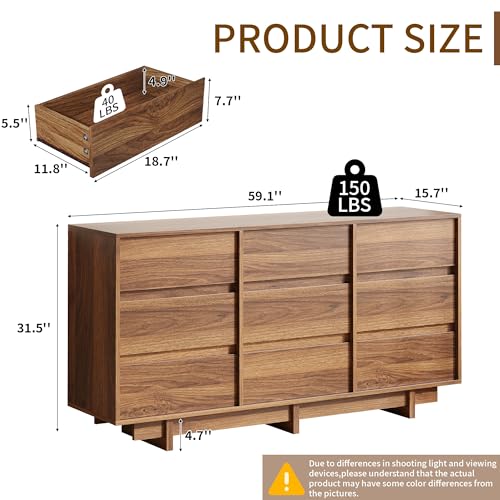 Walnut 9 Drawer Dresser for Bedroom, 59" Wide Chest of Drawers, view 3