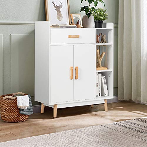Floor Storage Cabinet, Freestanding Cupboard with 1 Drawer, 2 Doors, 3 Shelves, 4 Rubber Wood Legs, Sideboard, Entryway Unit for Home Office, Living Room, Storage Organizer (White)