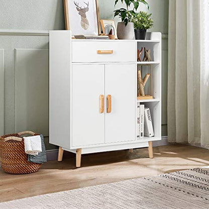 Floor Storage Cabinet, Freestanding Cupboard with 1 Drawer, 2 Doors, 3 Shelves, 4 Rubber Wood Legs, Sideboard, Entryway Unit for Home Office, Living Room, Storage Organizer (White)