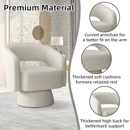 Swivel Barrel Chair with Velvet Fabric, Swivel Accent Chair with Thickened Soft Cushion, Comfy Round Swivel Chair for Living Room Bedroom, Beige