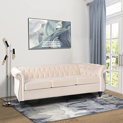 Velvet Chesterfield Sofa, Classic Tufted Upholstered Couch, Modern 3 Seater Couch Long Settee Furniture with Tufted Back for Living Room Office (Beige)