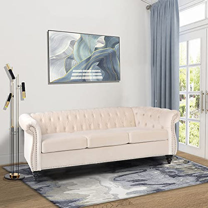 Velvet Chesterfield Sofa, Classic Tufted Upholstered Couch, Modern 3 Seater Couch Long Settee Furniture with Tufted Back for Living Room Office (Beige)