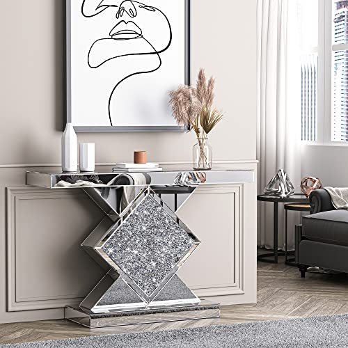 47.2'' Silver Console Table, Modern Entryway Tables with Diamond Shaped Mirror Finished, Glam Long Accent Narrow Table, Glass Sofa Table Foyer Table for Living Room Hallway Entrance