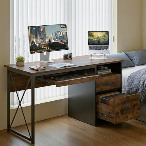 Office Desk with Drawers, 55 inch Industrial Computer Desk with Storage, view 3