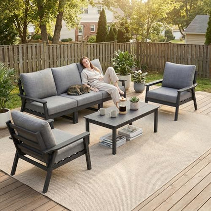 HDPE Patio Furinture Set, 6 Piece Sectional Sofa Outdoor Furniture Set, All Weather Outdoor Couch Set Patio Conversation Set for Deck, Lawn, Grey