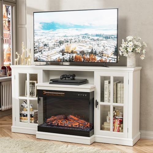 Fireplace TV Stand up to 65", 3-Sided Glass, Distressed White, view 2